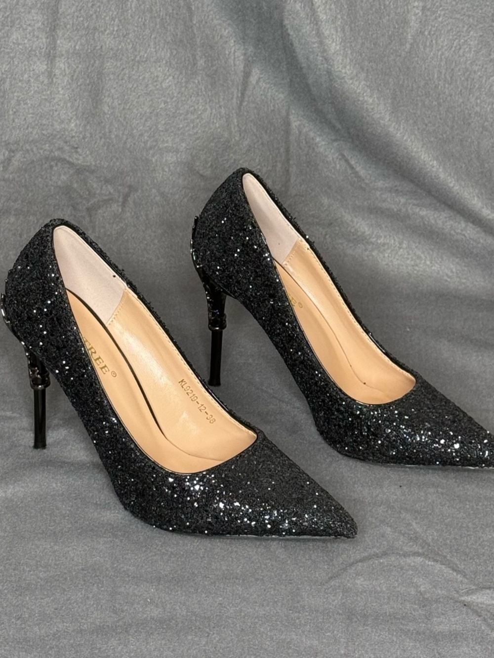 BIGTREE Black Glitter Pointed Toe Pumps - Filigree Leaf Stiletto - Size 38